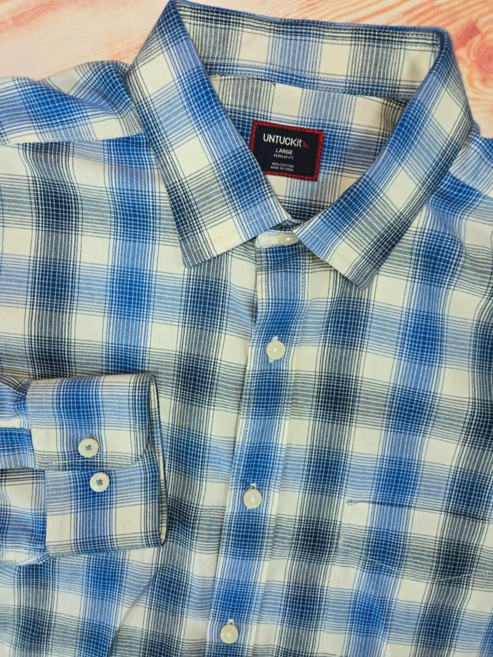 Untuckit Mens Blue Plaid Long Sleeve Shirt Large Regular Fit Cotton